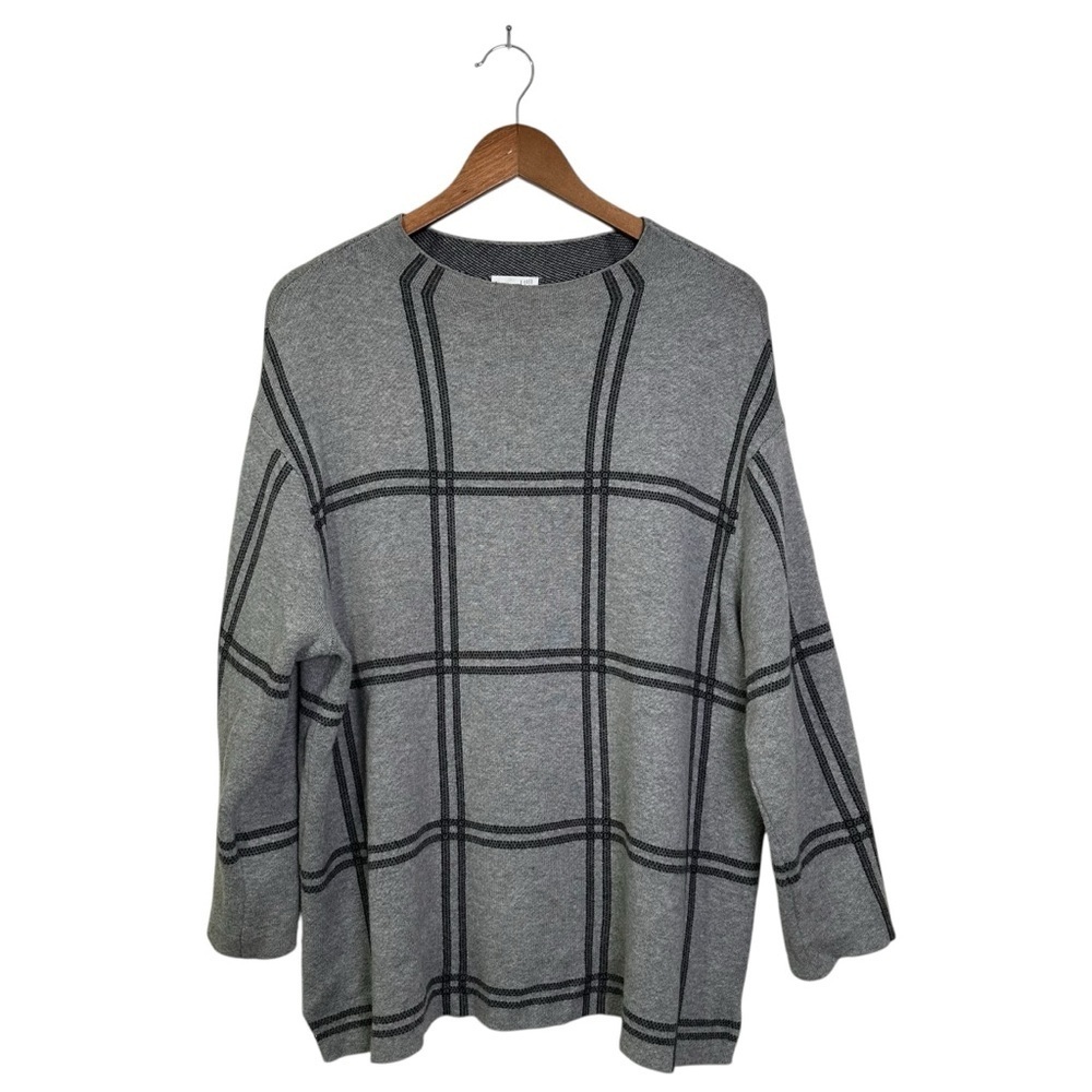 J. Jill Women’s L Gray Black Windowpane Plaid Mock Neck Pullover Sweater